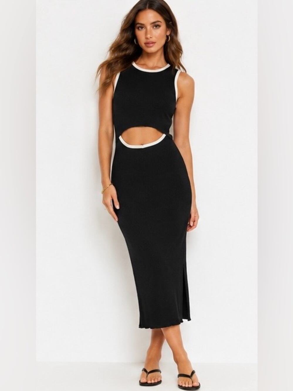 Zesica Black Ribbed Cutout Midi Dress White Trim Bodycon Stretchy Size Medium